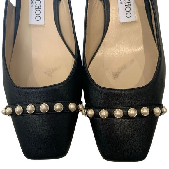 Jimmy Choo Hya 45 Pearl Stud Slingback Pump Black Leather Block Heel Size 37 - Picture 3 of 11